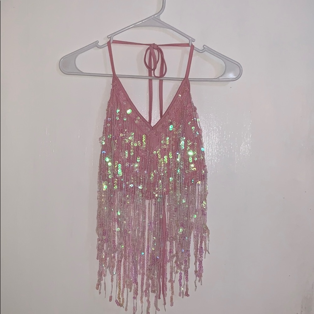 IHEARTRAVES PINK SEQUIN FRINGE RAVEWEAR TOP